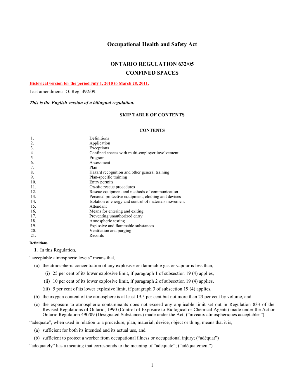 Occupational Health and Safety Act - O. Reg. 632/05