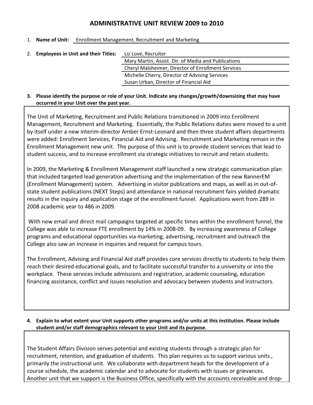 ADMINISTRATIVE UNIT REVIEW 2009 to 2010