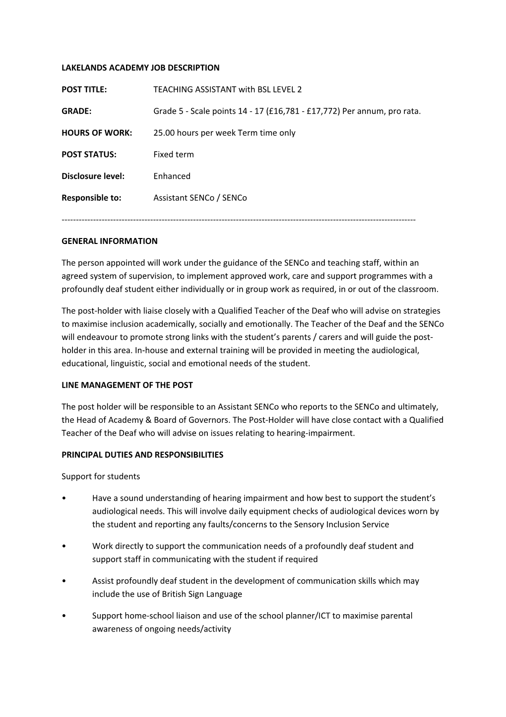 Lakelands Academy Job Description