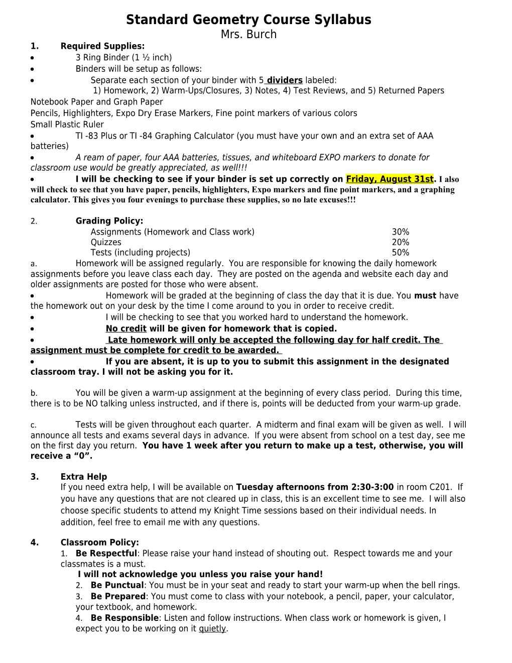 Standard Geometry Course Syllabus