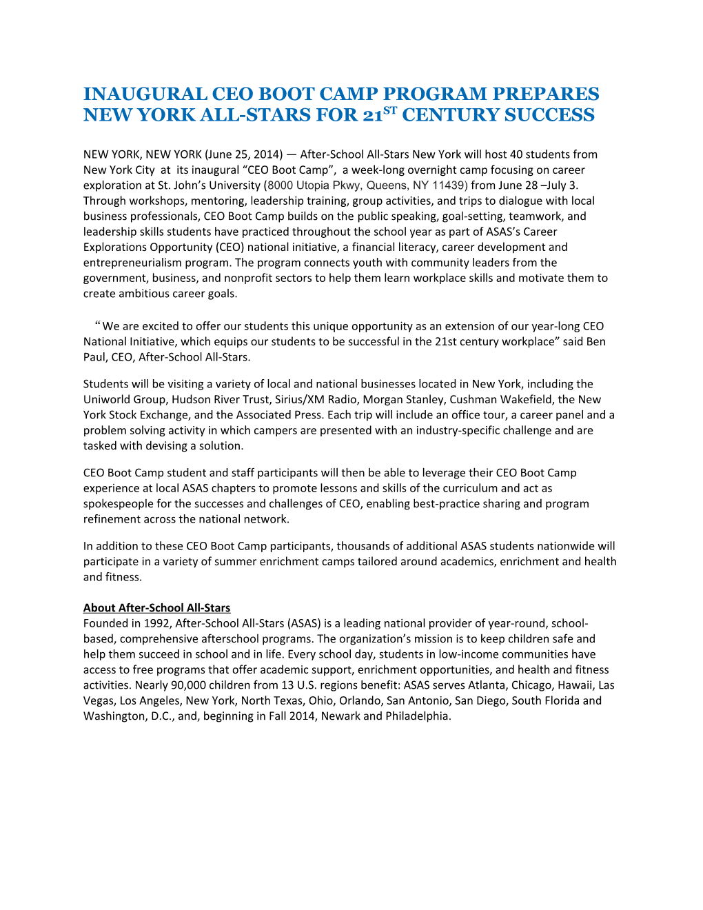 INAUGURAL CEO BOOT CAMP PROGRAM Prepares NEW YORK All-Stars for 21ST CENTURY Success