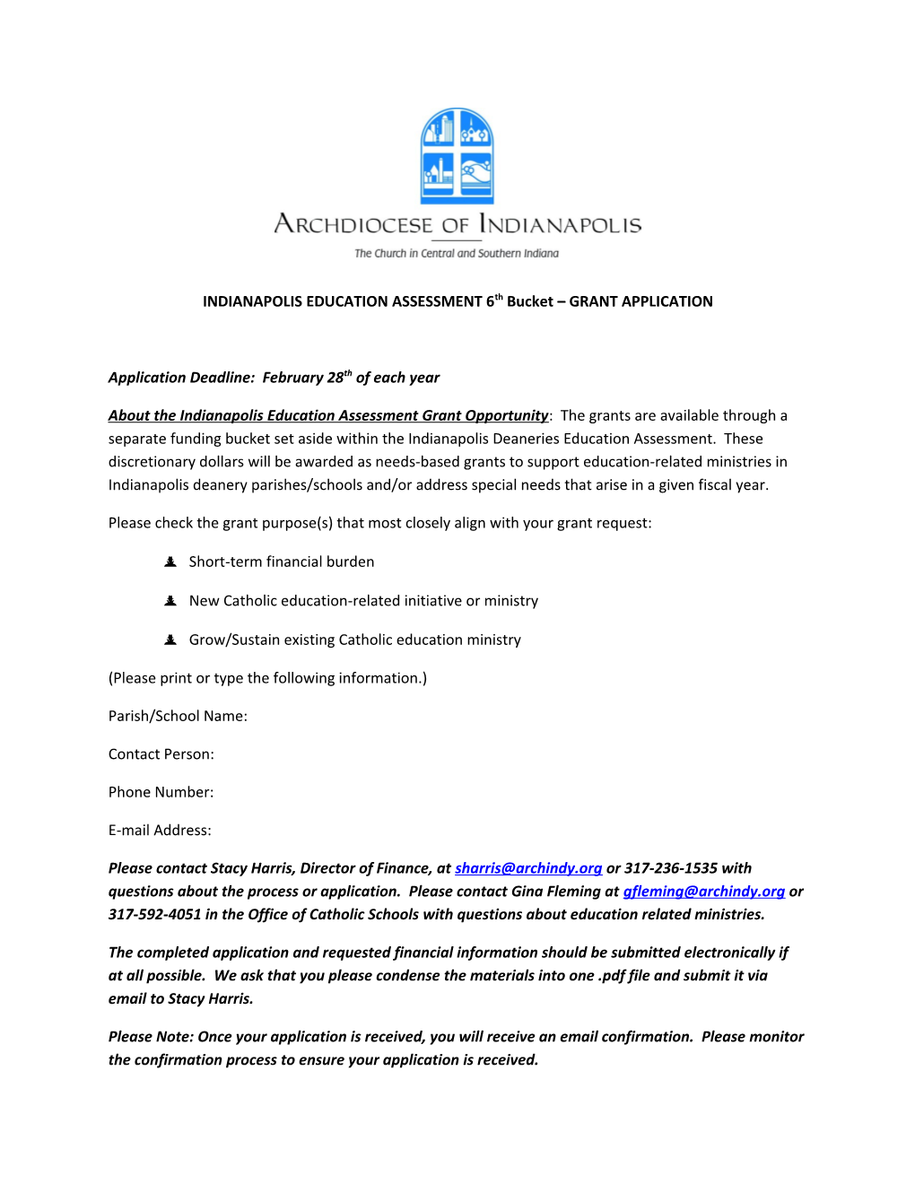 INDIANAPOLIS EDUCATION ASSESSMENT 6Th Bucket GRANT APPLICATION