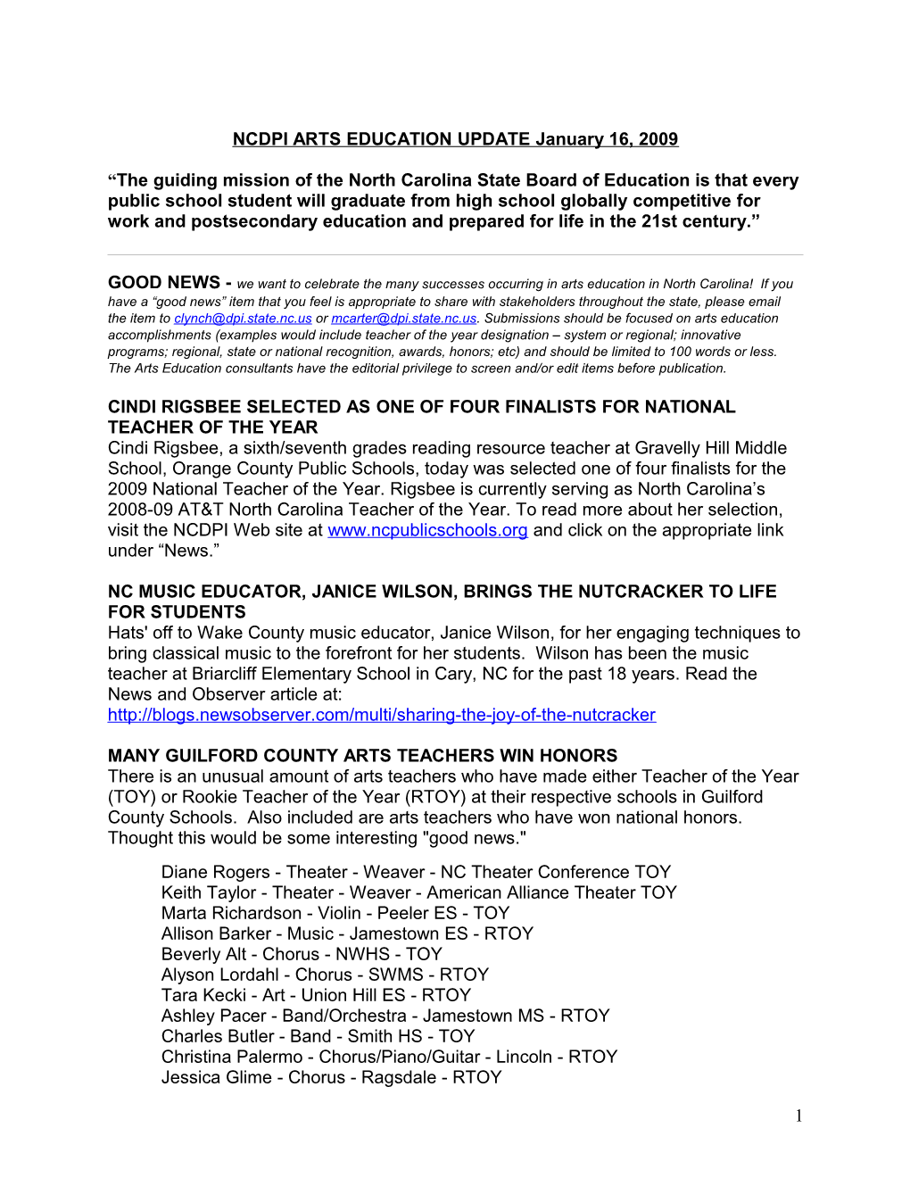 NCDPI ARTS EDUCATION UPDATE May 2, 2008 s3