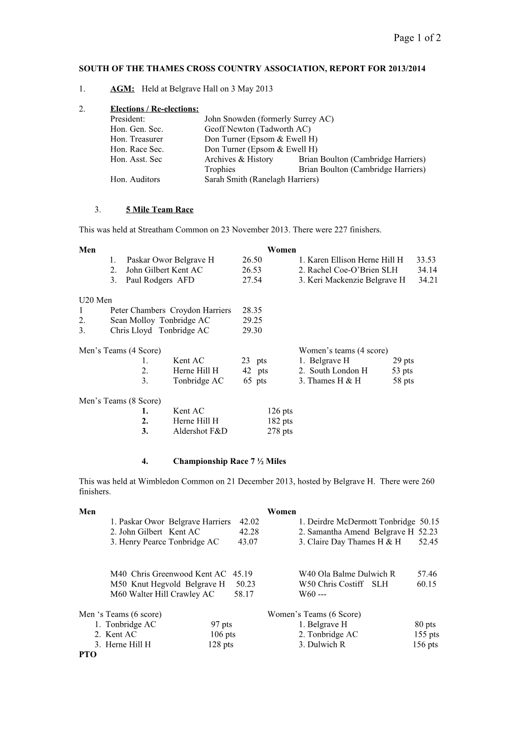 South of the Thames Cross Country Association, Report for 2007/2008