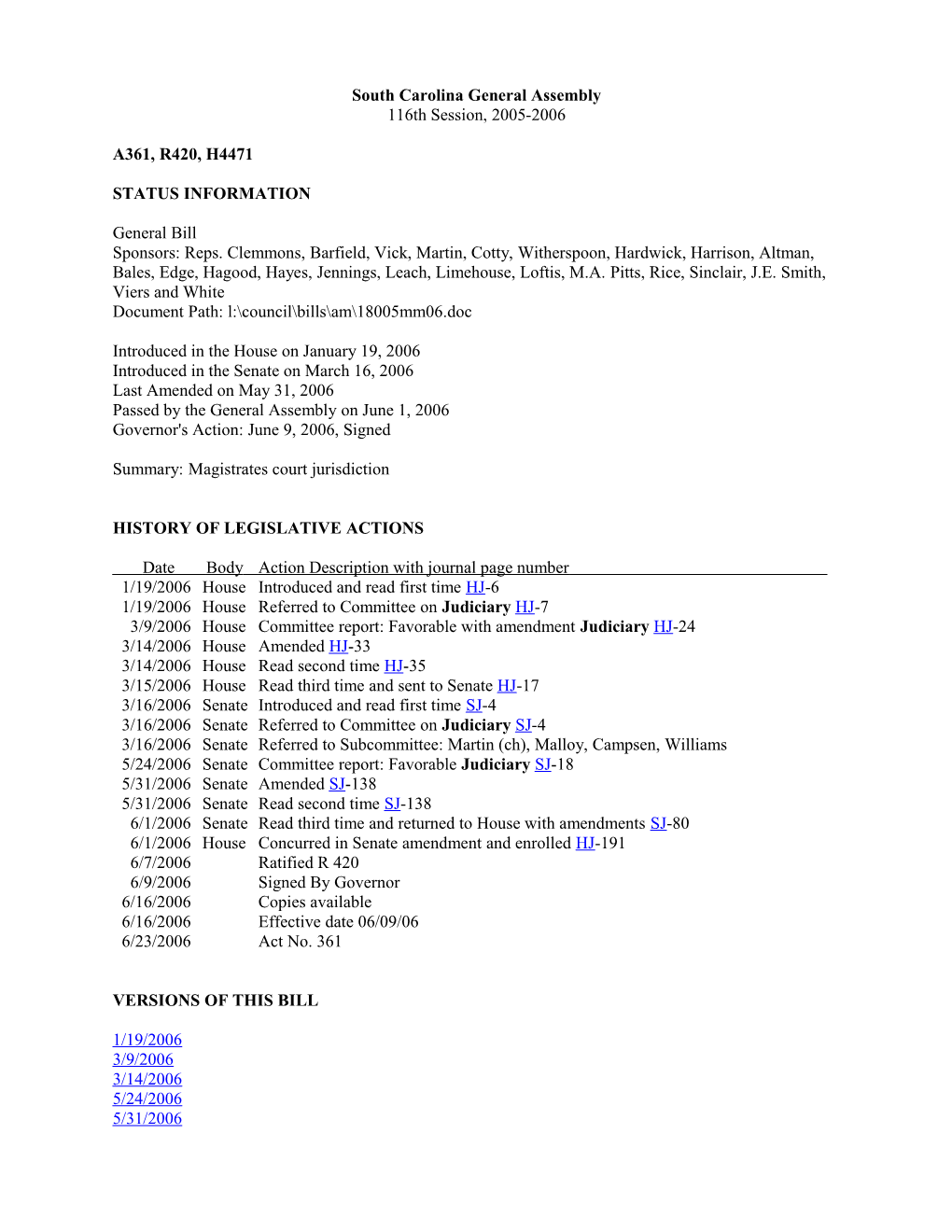 2005-2006 Bill 4471: Magistrates Court Jurisdiction - South Carolina Legislature Online