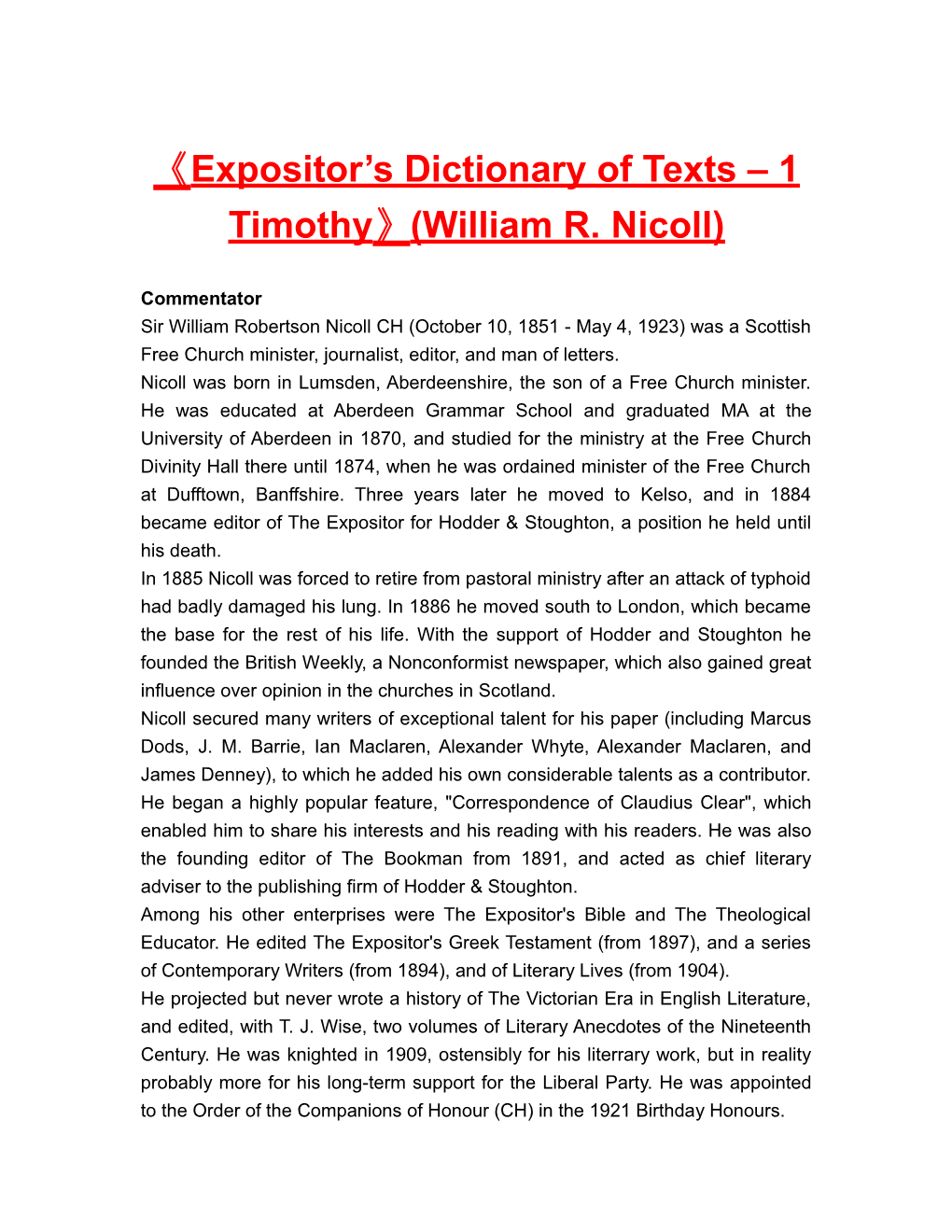 Expositor S Dictionaryof Texts 1 Timothy (William R. Nicoll)