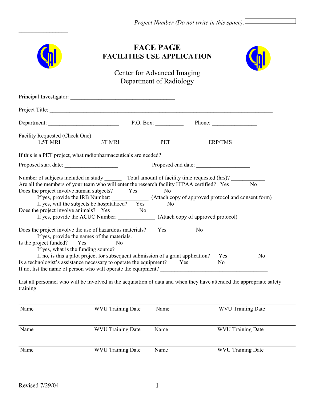 Application for Use of Facilities