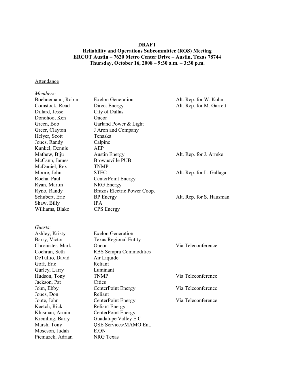 Reliability and Operations Subcommittee (ROS) Meeting