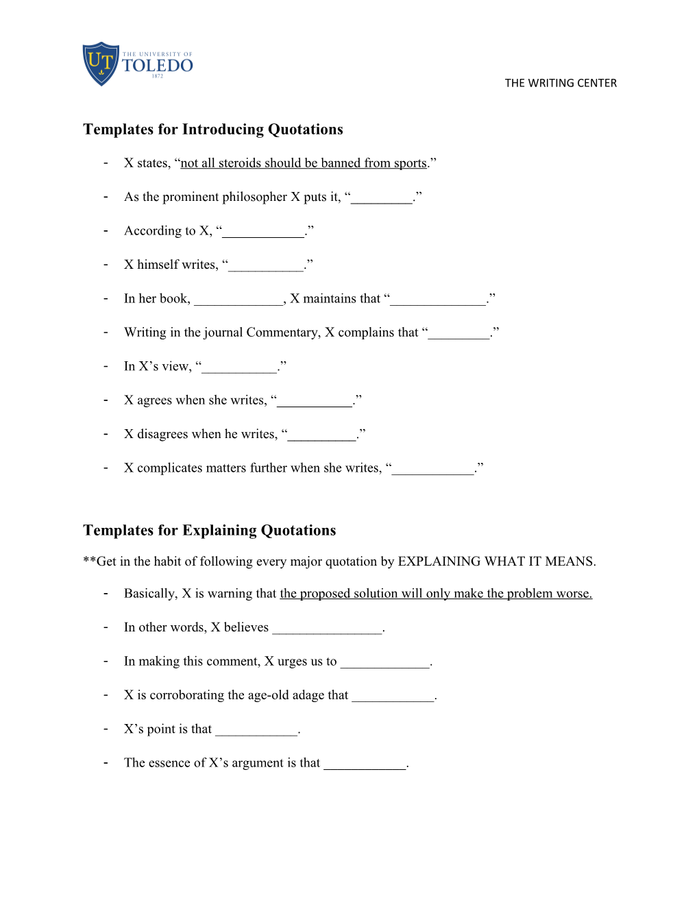 Templates for Introducing Quotations