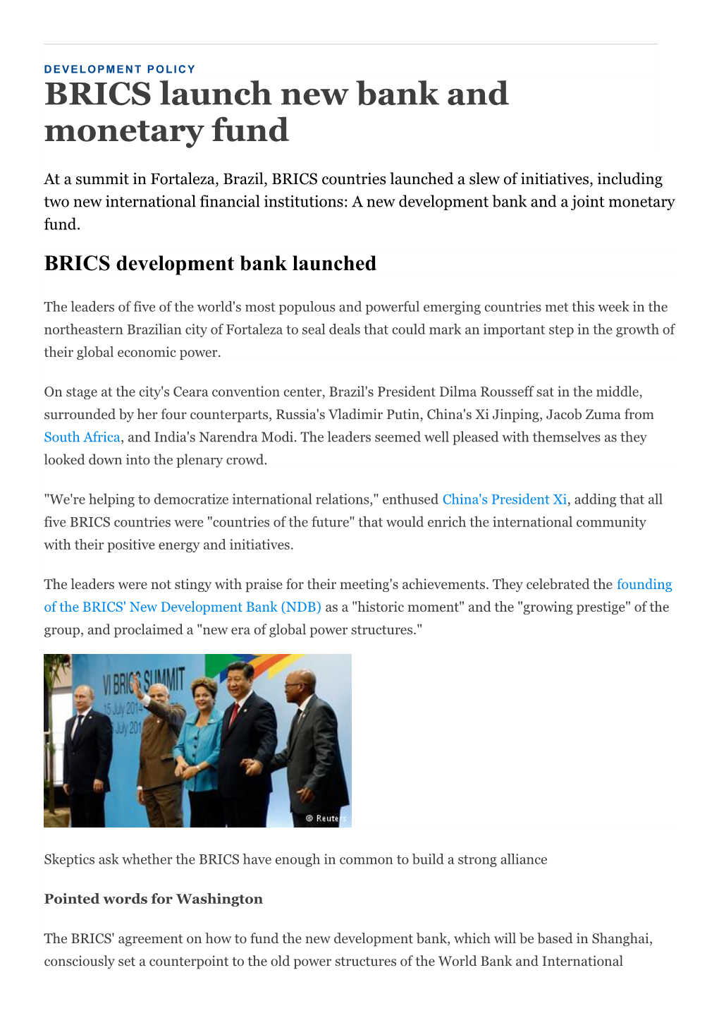 BRICS Launch New Bank and Monetary Fund