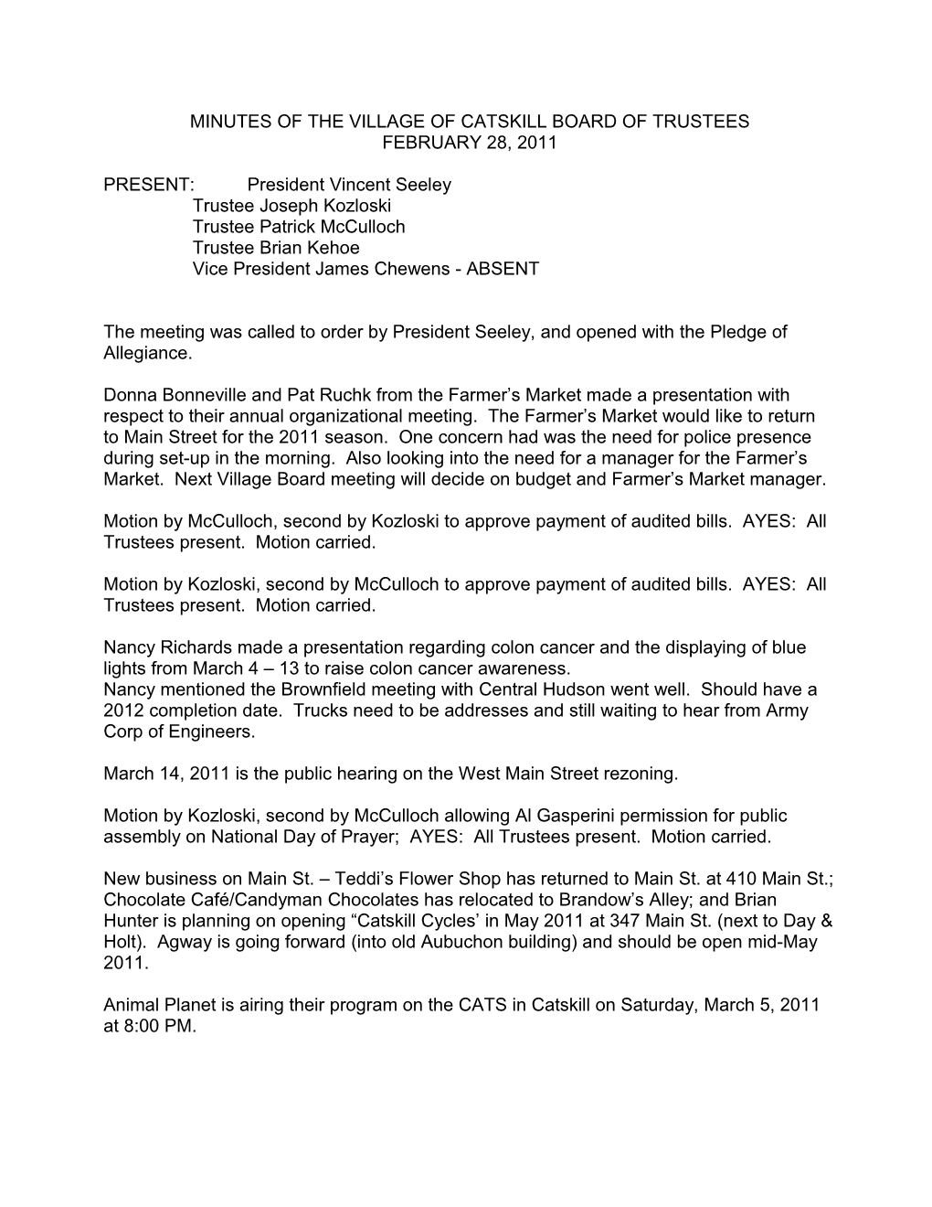 Minutes of the Village of Catskill Board of Trustees s1