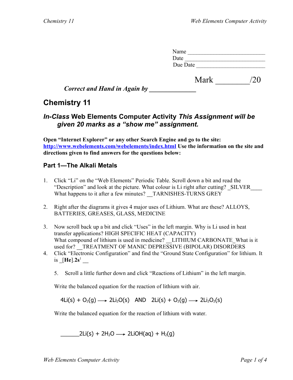 Chemistry 11 Web Elements Computer Activity