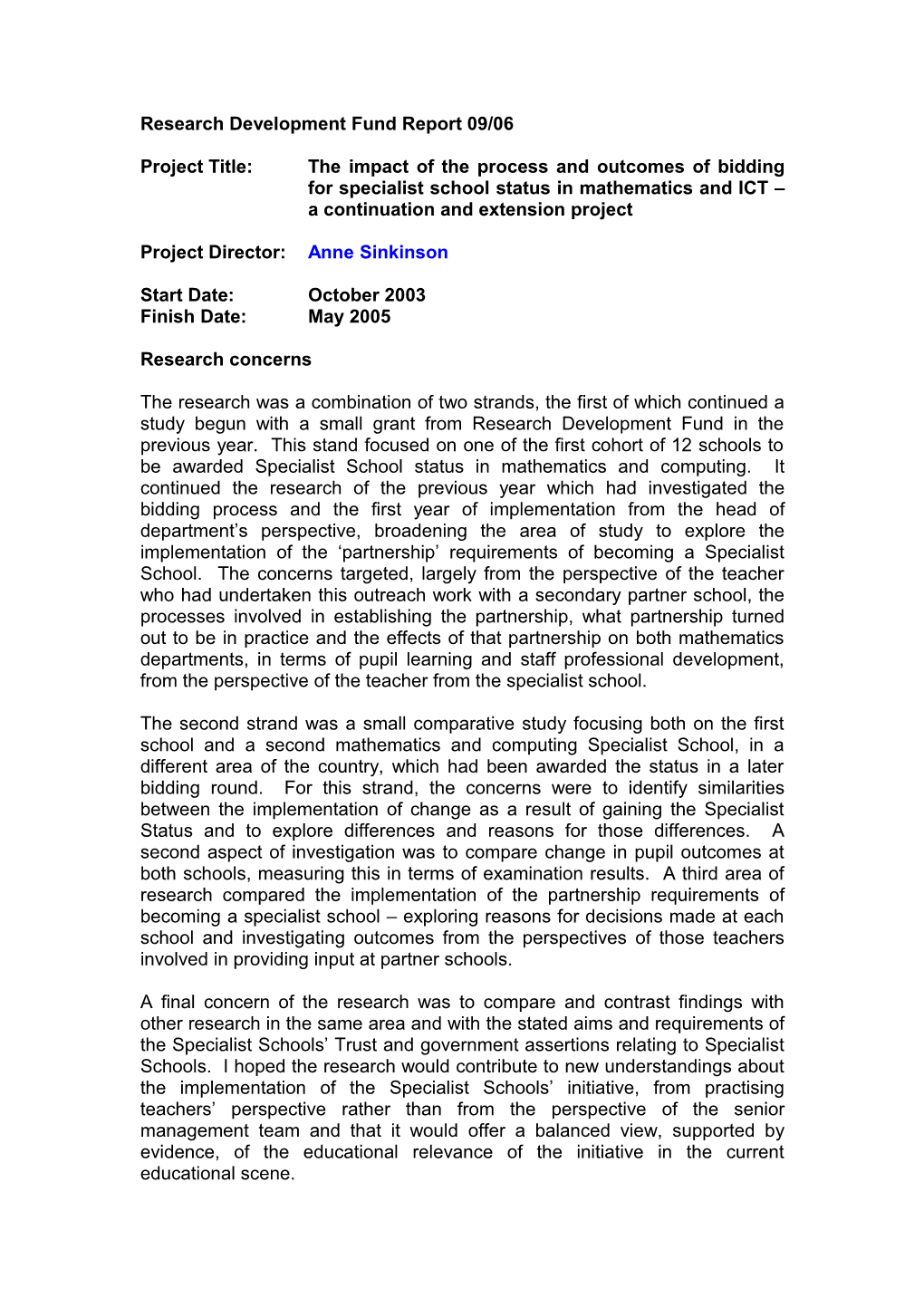 Research Development Fund Report 09/06