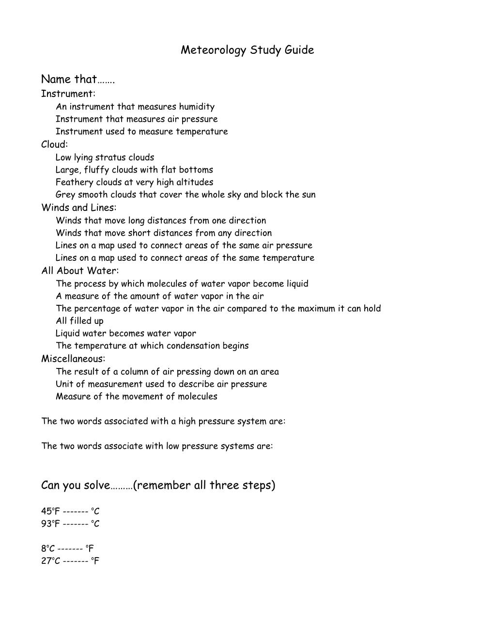 Meteorology Study Guide