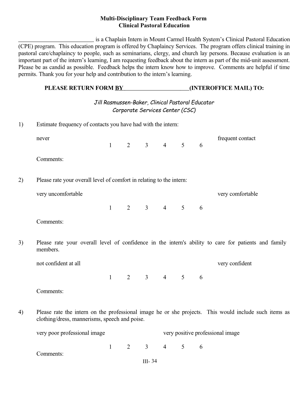 Clinical Pastoral Education Feedback Form