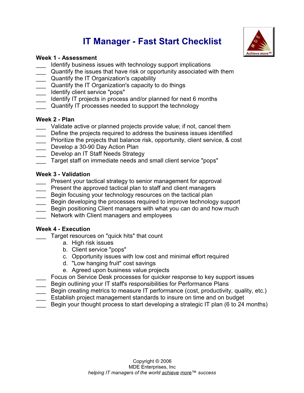 IT Manager - Fast Start Checklist