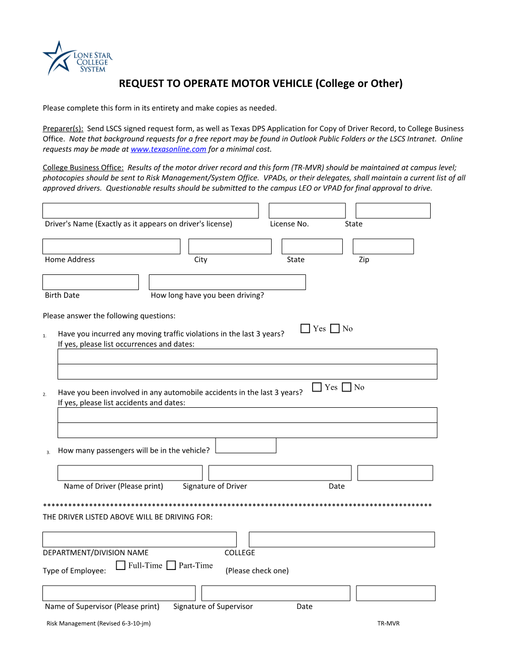 REQUEST to OPERATE MOTOR VEHICLE (College Or Other)