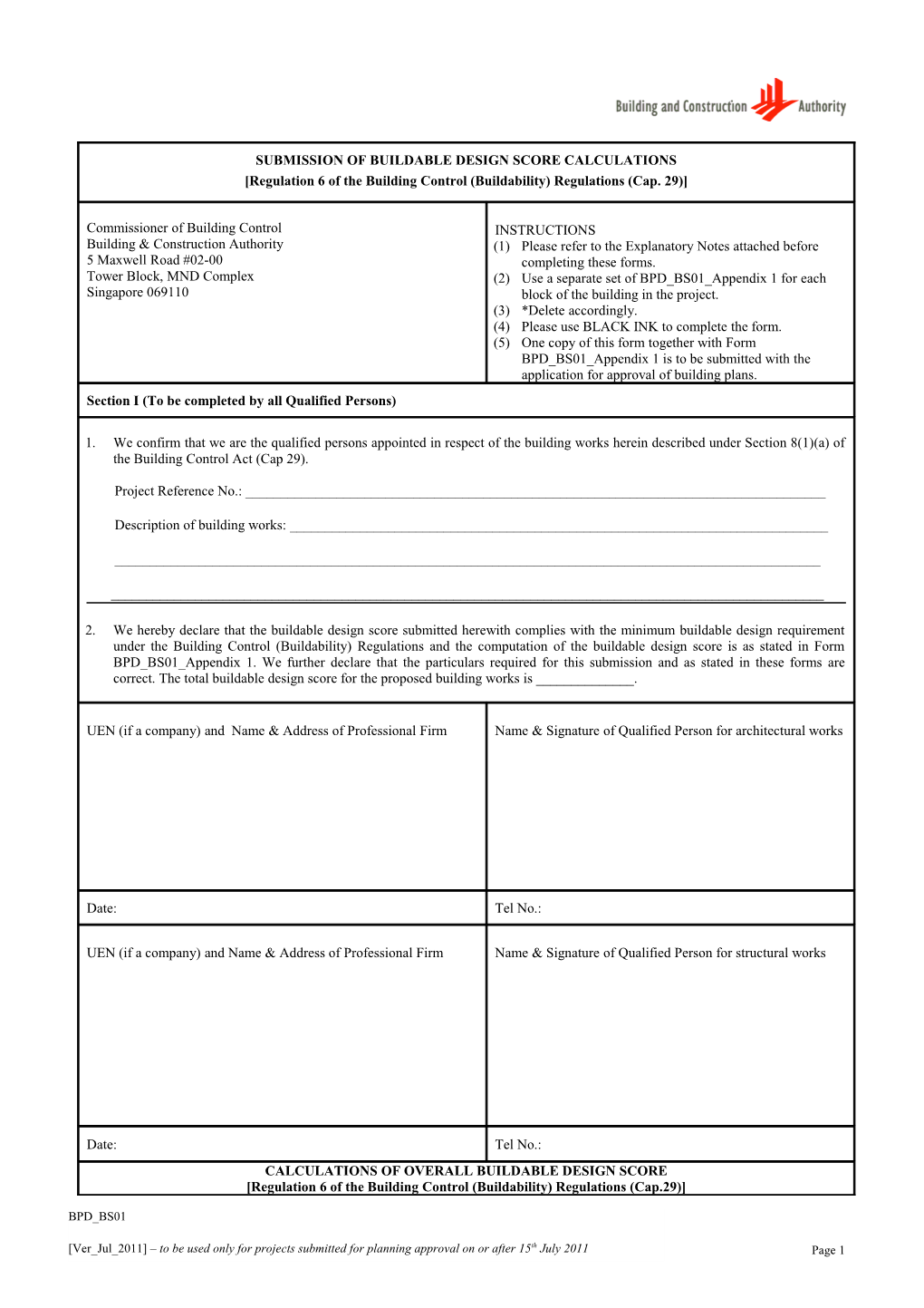 Submission of Buildable Design Score Calculations