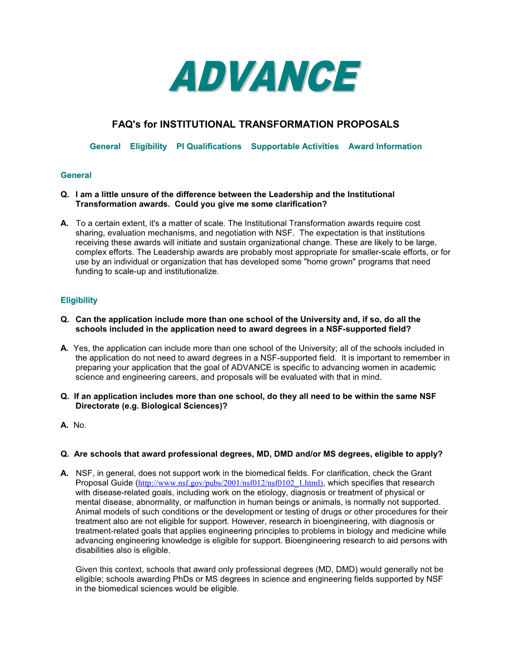 FAQ's for INSTITUTIONAL TRANSFORMATION PROPOSALS