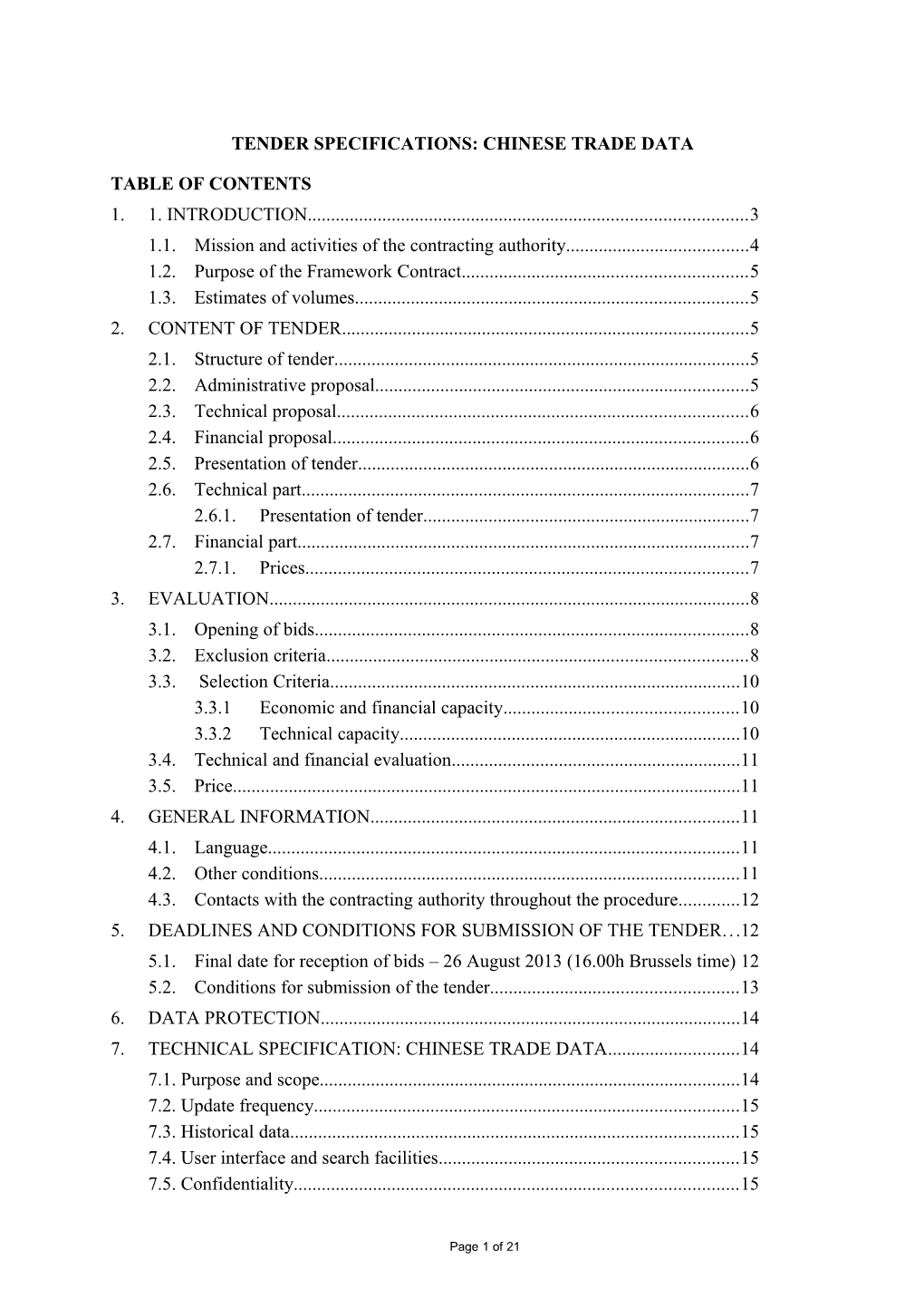 Tender Specifications: Chinese Trade Data