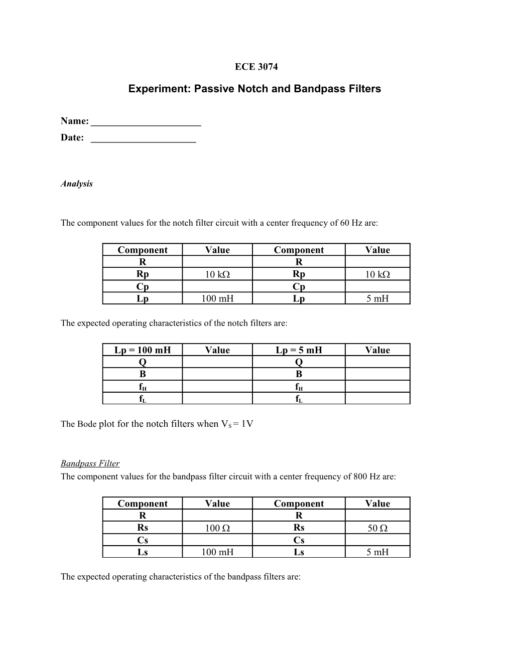 Experiment: Passive Notch and Bandpass Filters