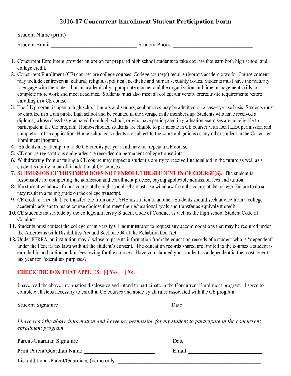 2016-17 Concurrent Enrollment Student Participation Form