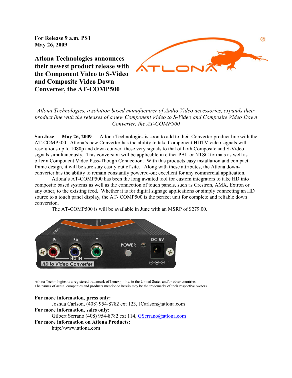 Atlona Technologies Announces Their Newest Product Release with the Component Video To