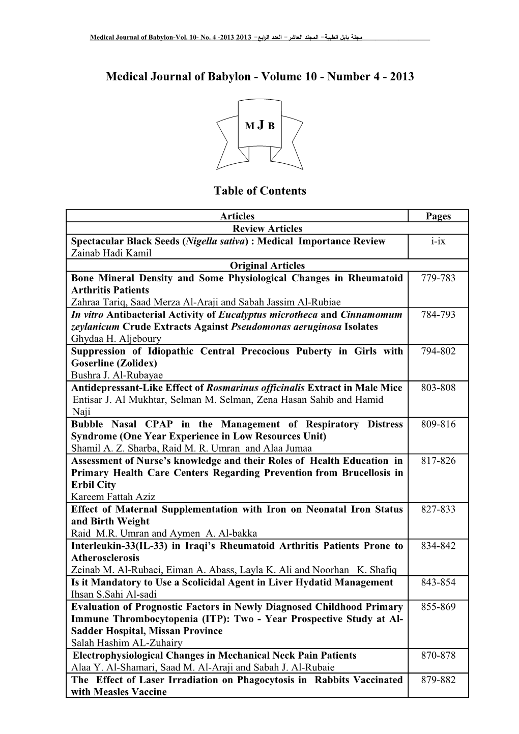 Medical Journal of Babylon - Volume 10 - Number 4 - 2013