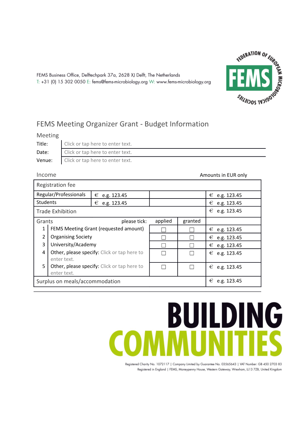 FEMS Meeting Organizer Grant - Budget Information