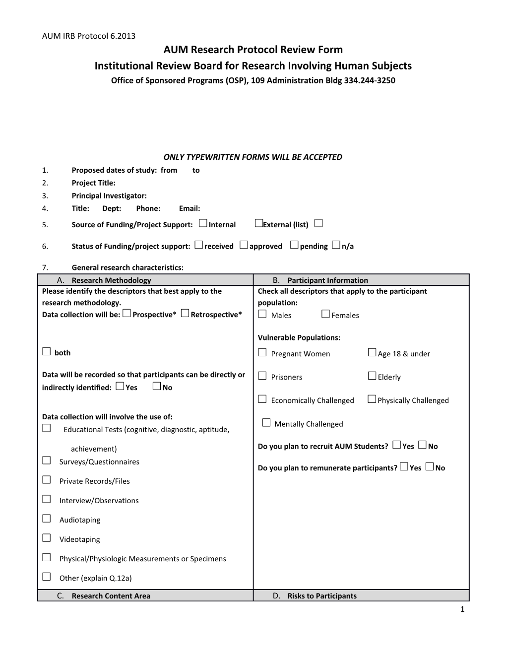 AUM Research Protocol Review Form