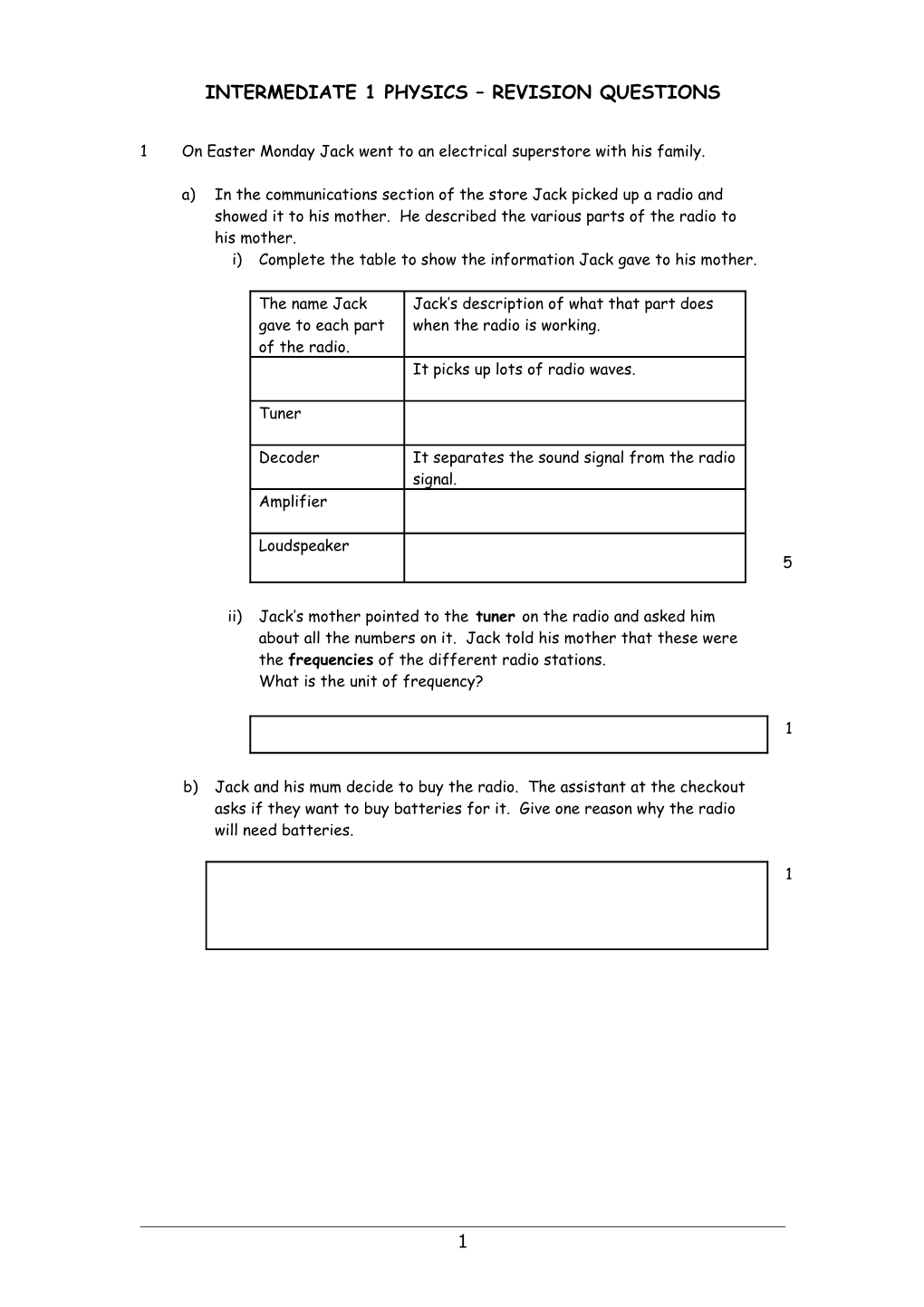 Intermediate 1 Physics REVISION QUESTIONS