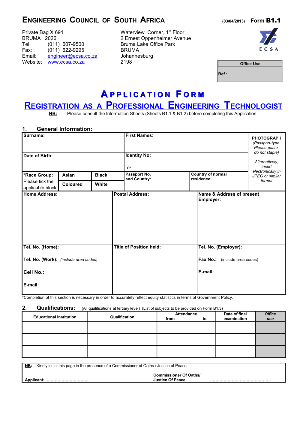 ENGINEERING COUNCIL of SOUTH AFRICA(03/04/2013) Form B1.1