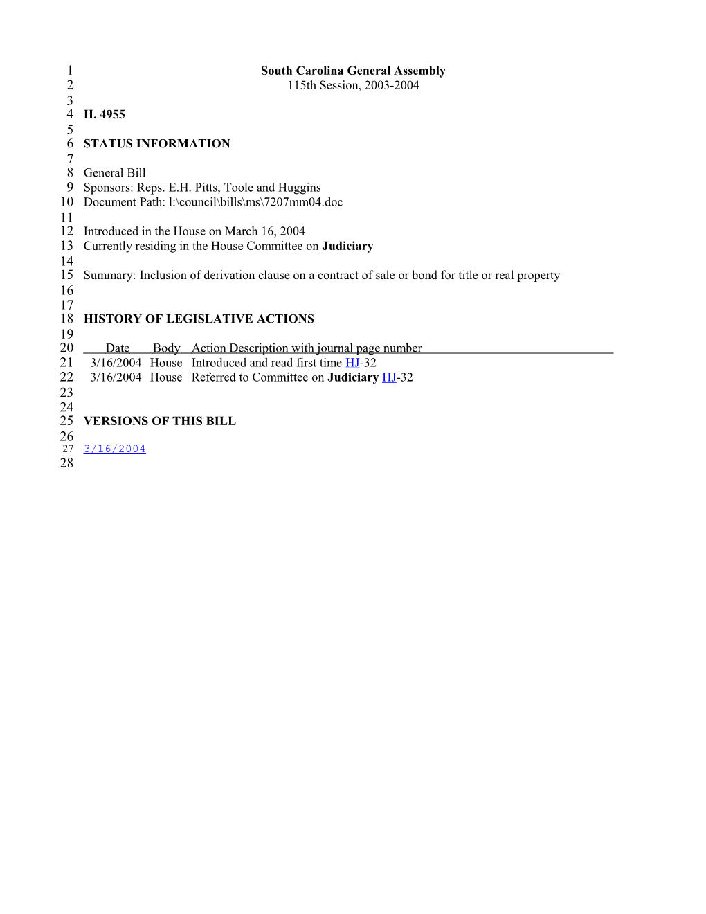 2003-2004 Bill 4955: Inclusion of Derivation Clause on a Contract of Sale Or Bond for Title