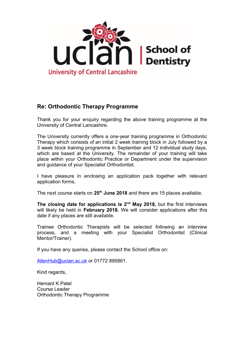 Re: Orthodontic Therapy Programme