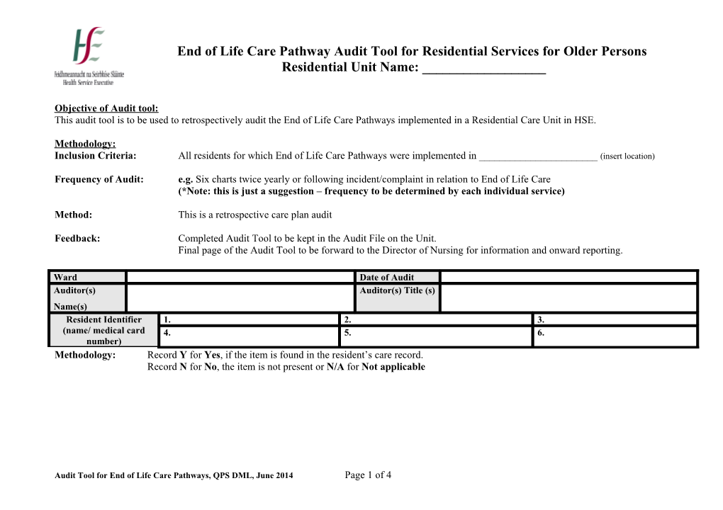 End of Life Care Audit Tool Residential Units