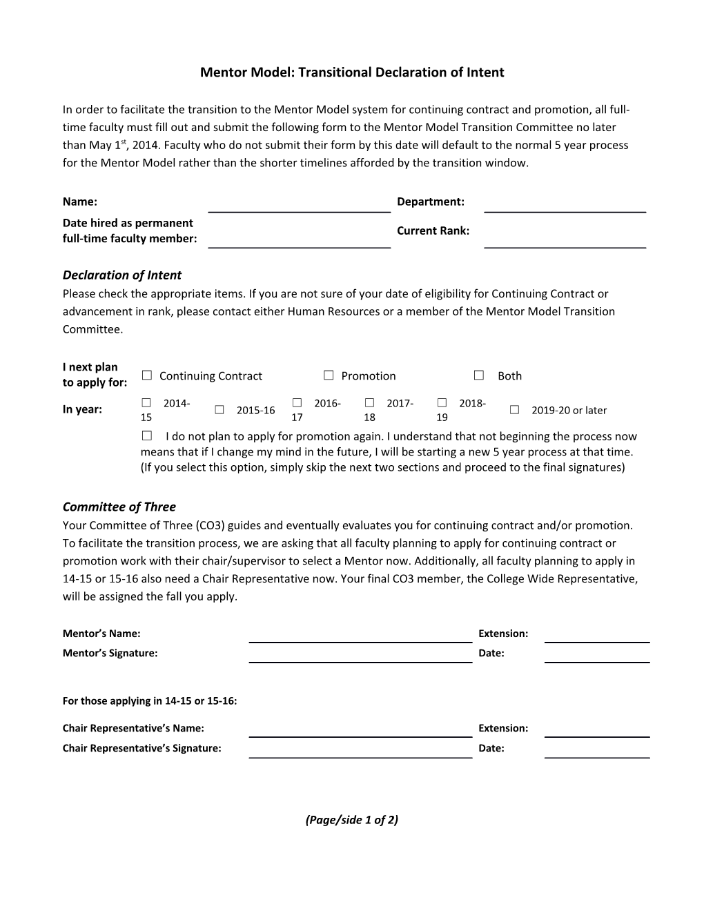 Mentor Model: Transitional Declaration of Intent