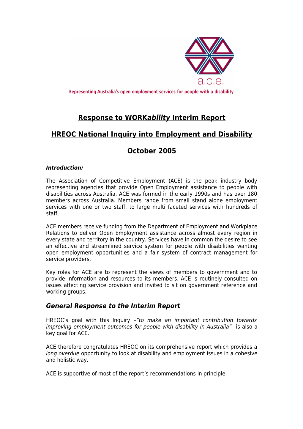 HREOC National Inquiry Into Employment and Disability