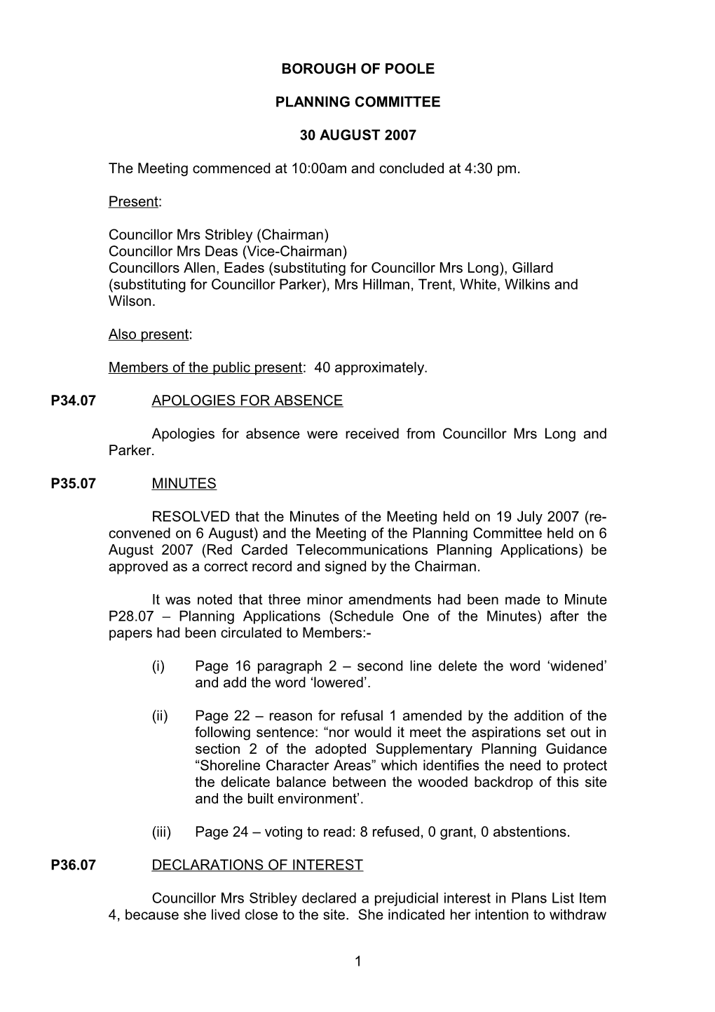 Minutes - Planning Committee - 30 August 2007