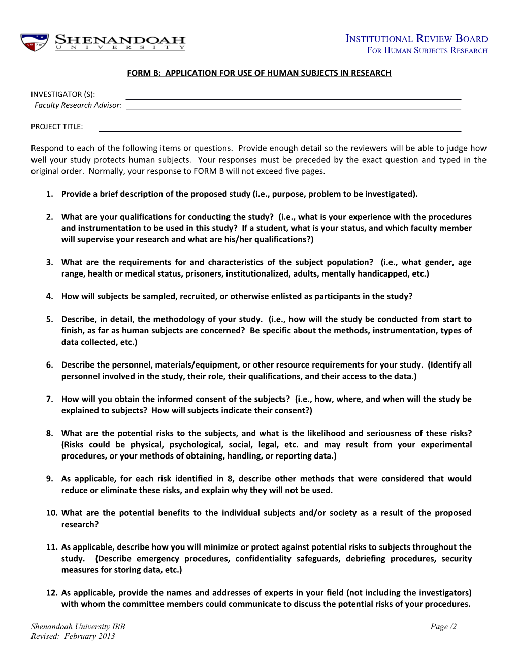 Form B: Application for Use of Human Subjects in Research