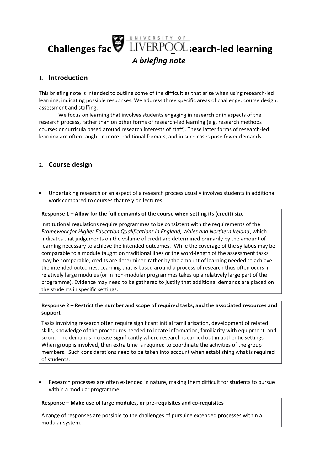 Challenges to Using Research-Led Learning: a Briefing Note