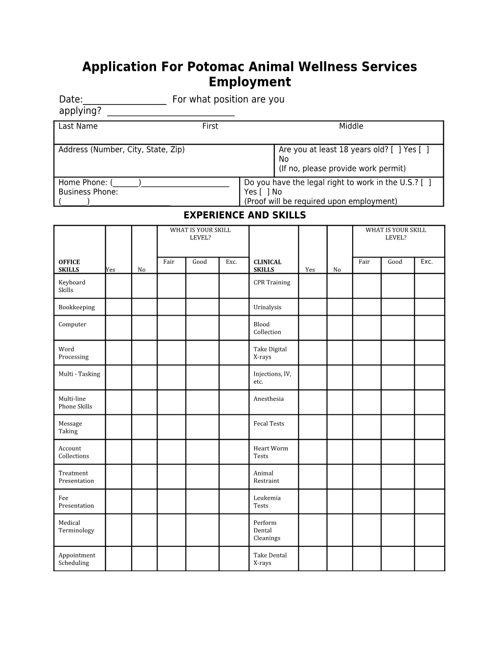 Application for Potomac Animal Wellness Services Employment