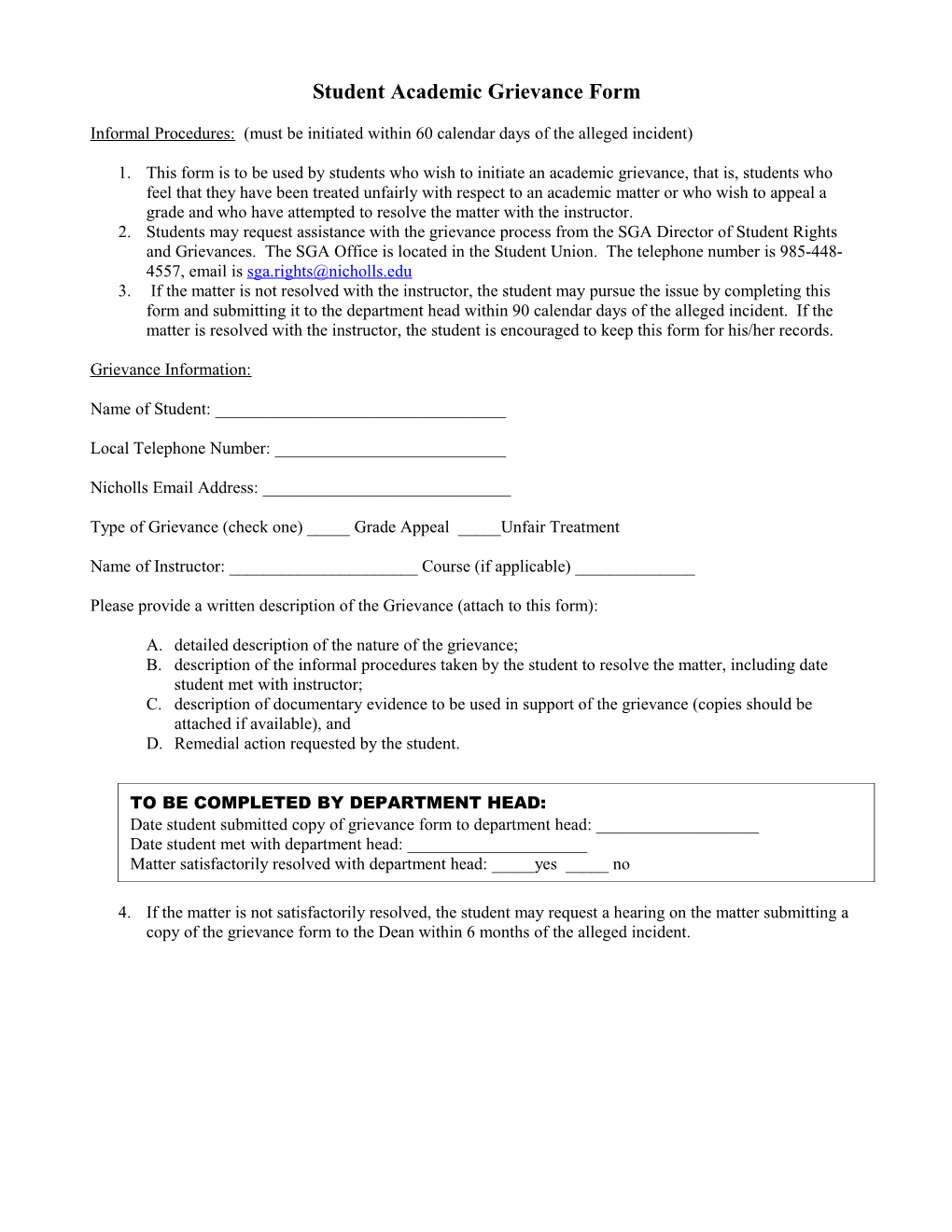 Student Academic Grievance Form