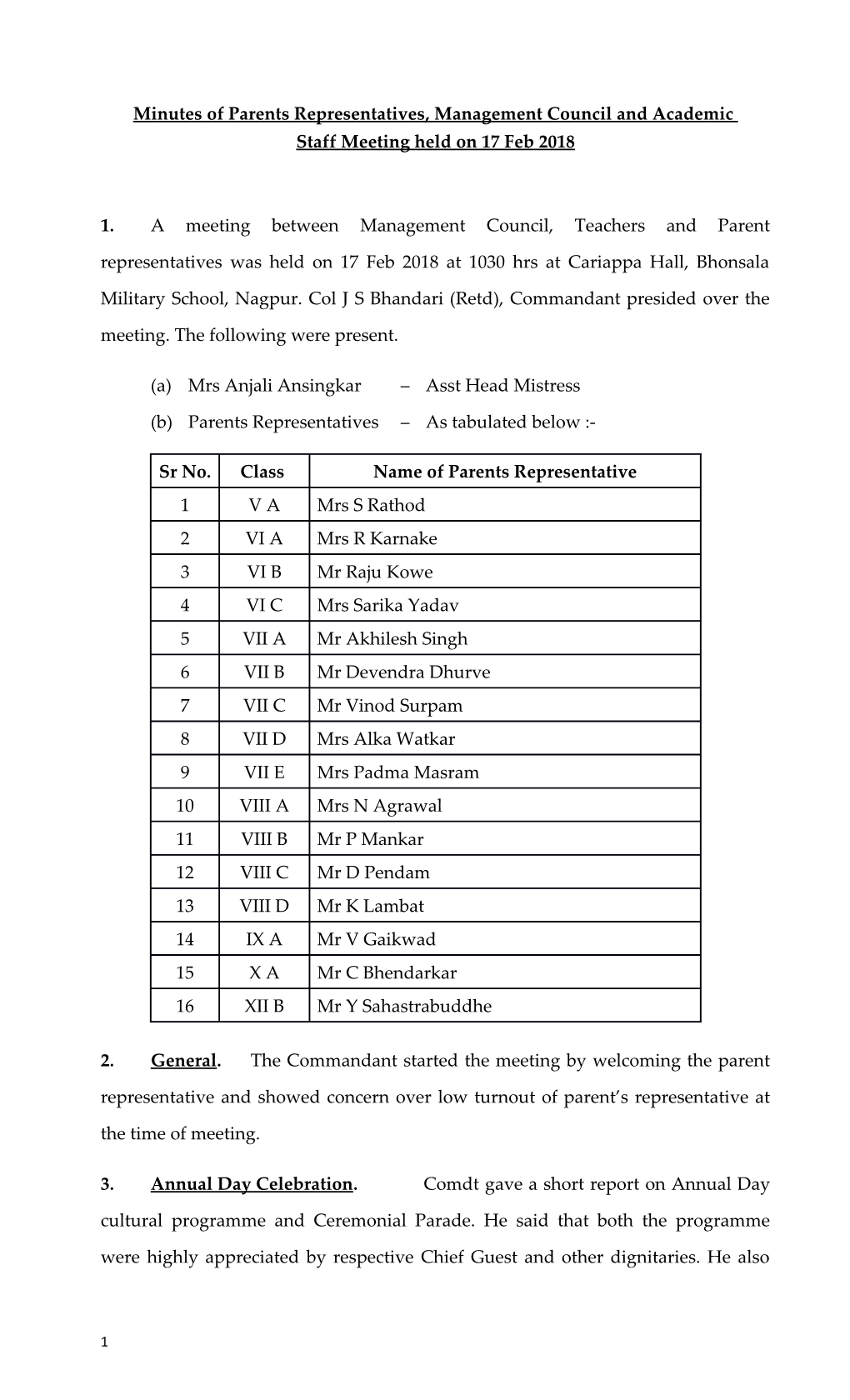 Minutes of Parents Representatives, Management Council and Academic Staff Meeting Held