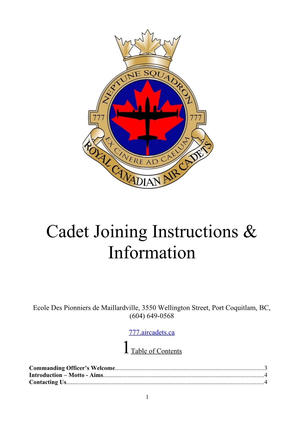 Cadet Joining Instructions & Information