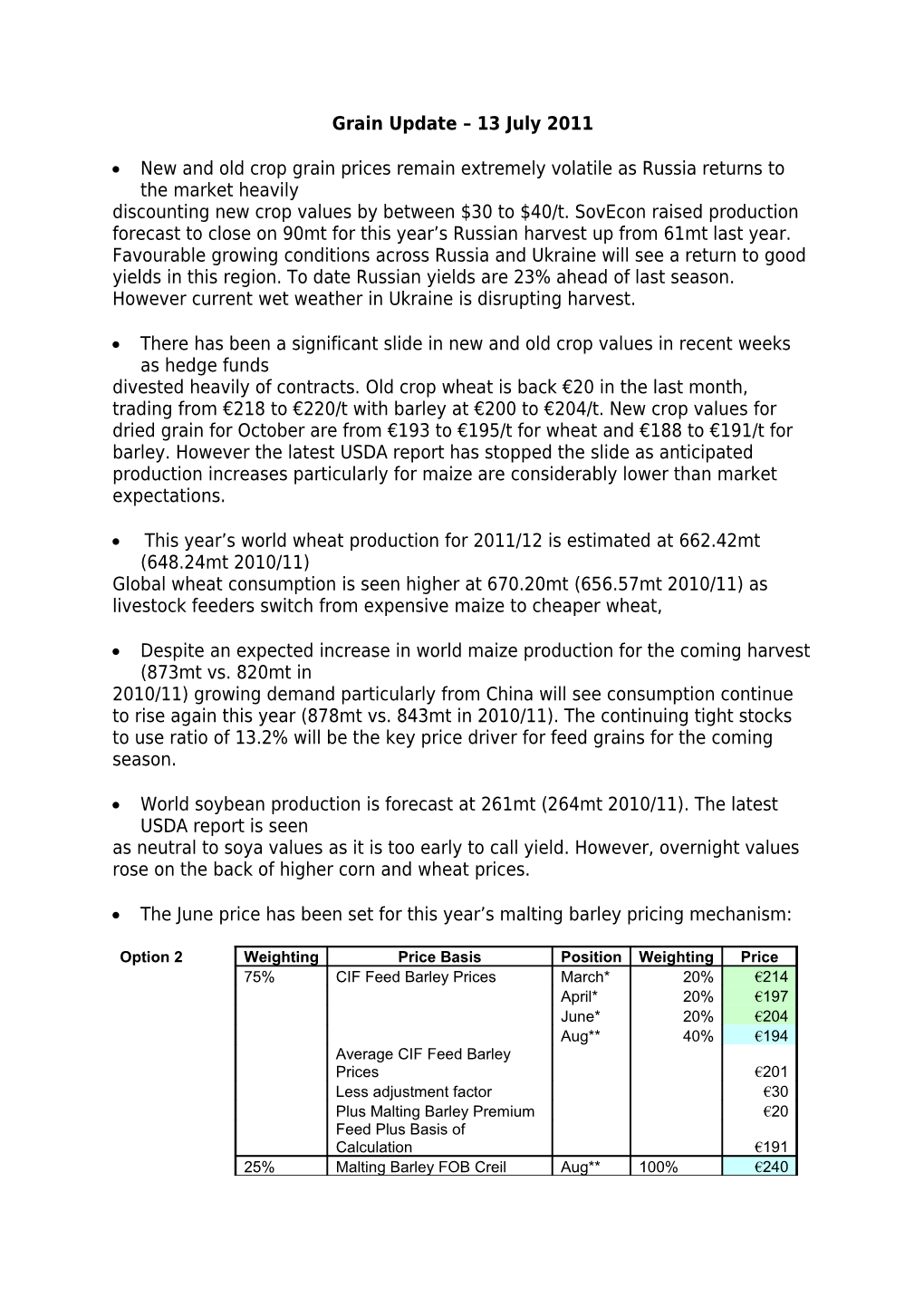 Discounting New Crop Values by Between $30 to $40/T. Sovecon Raised Production Forecast