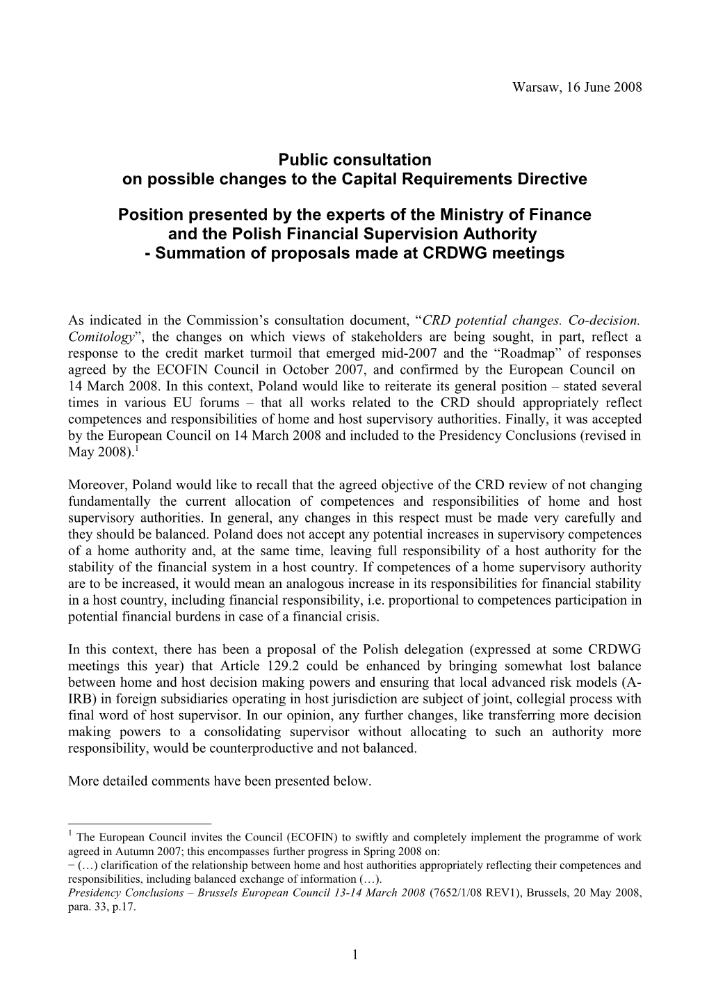 On Possible Changes to the Capital Requirements Directive