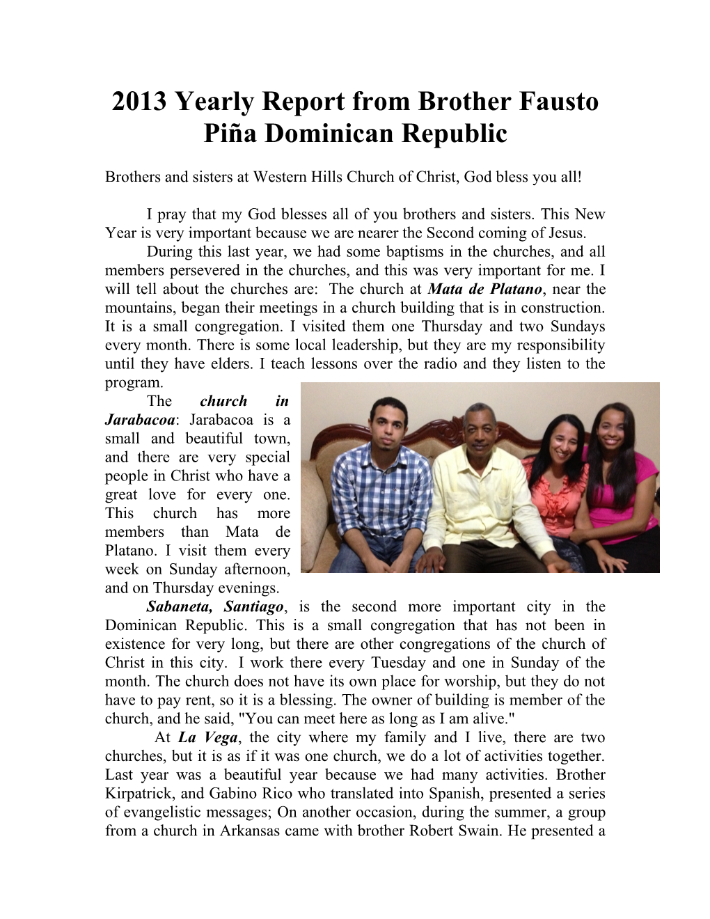 2013 Yearly Report from Brother Fausto Piña Dominican Republic