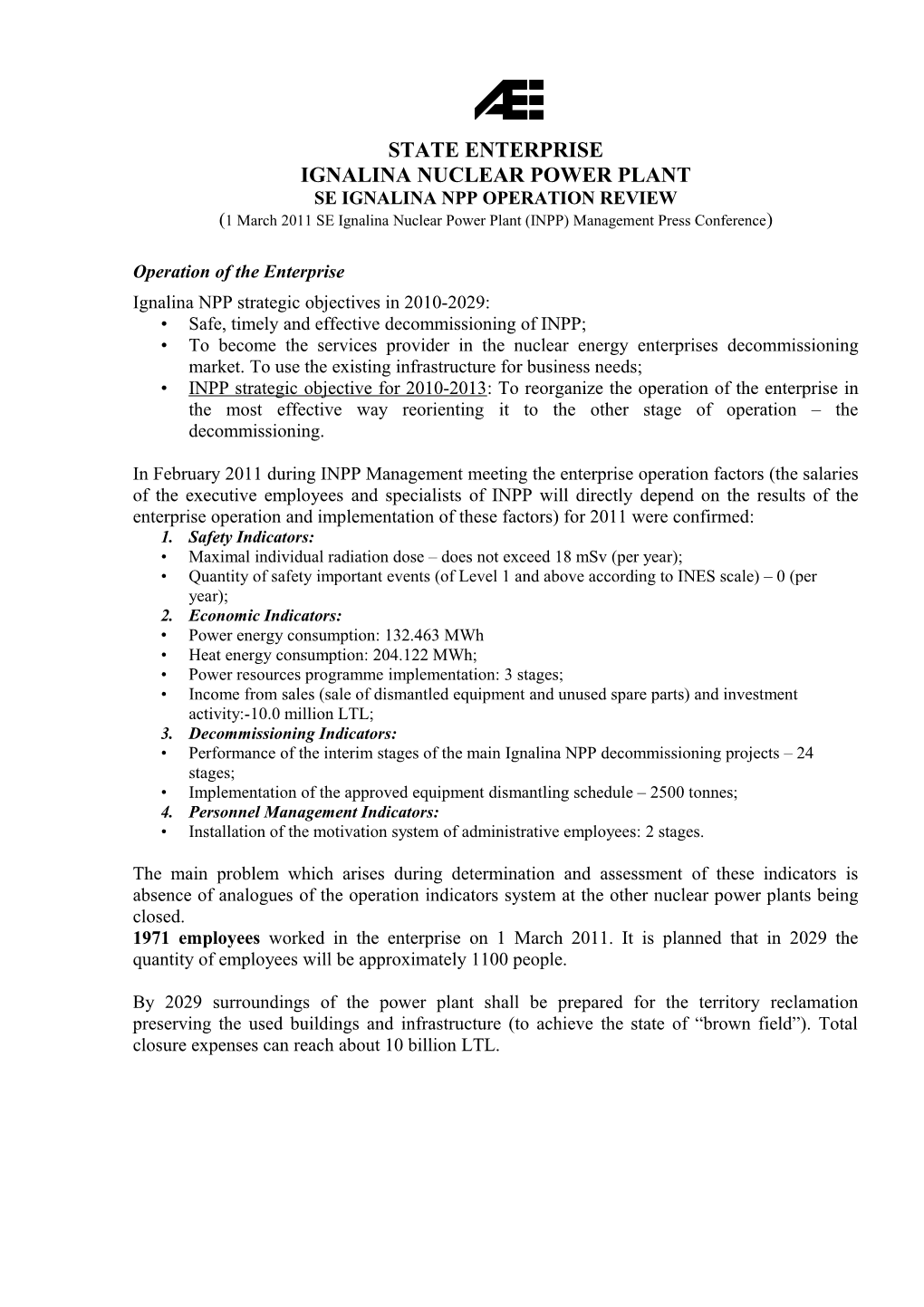 Se Ignalina Npp Operation Review