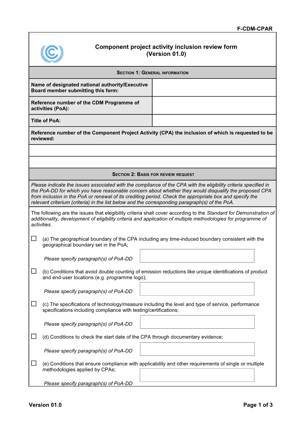 F-CDM-CPAR: Component Project Activity Inclusion Review Form. Version 01.0