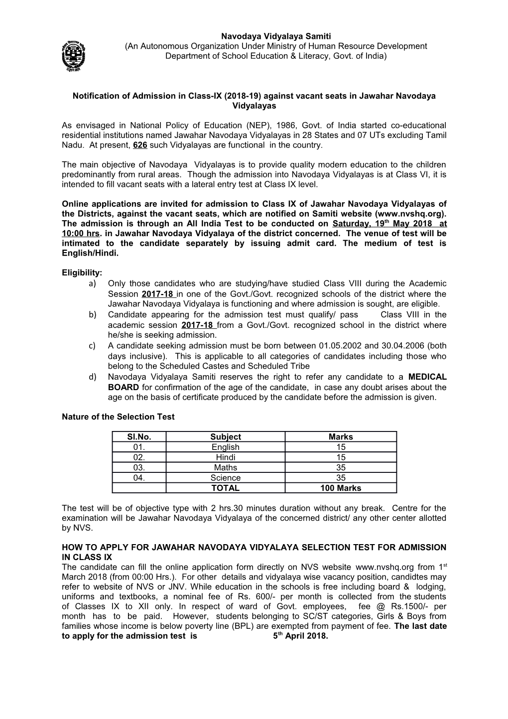 Notification of Admission in Class-IX (2018-19) Against Vacant Seats In